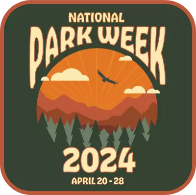 Logo for National Park Week 2024, featuring stylized graphics of mountains, forests, and water, with the text 'National Park Week April 20-28, 2024' prominently displayed.
