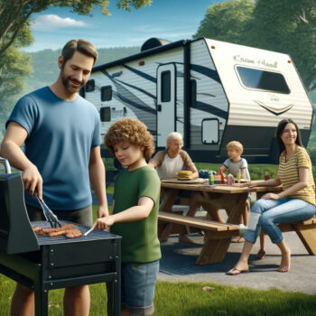 Summer RV camping. Mom and children are sitting at the campsite picnic table in front of a travel trailer while Dad is cooking at the outdoor grill.