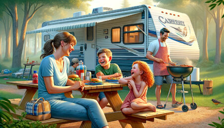 Summer RV campsite. Mom and two children are at the picnic table, and the dad is cooking at the grill