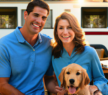 RVing Couple with Dog. Summer RV Travel with Pets.
