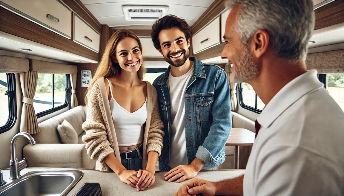 Image. Tips for First-Time RVers. Couple in new RV with RV Technician.