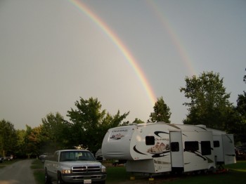 Our RV at Kenisee Lake Jefferson, Ohio after storm rainbow