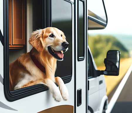 Dog looking out a motorhome window. Summer RVing with Pets