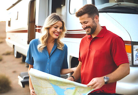 A couple planning summer RV travel destinations.