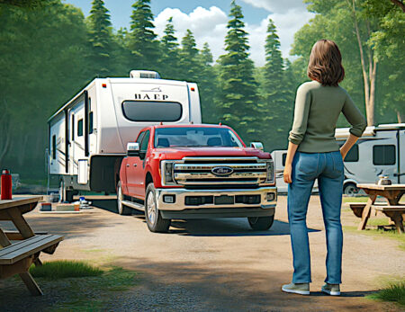 A pickup truck hitched to a travel trailer backed into a campsite, with a woman standing nearby looking at the RV. How to find the right campsite.